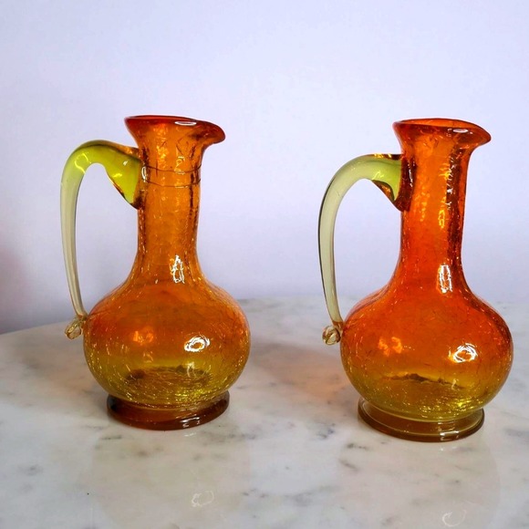 Vtg Mid-Century Amberina Crackle Small Glass Pitchers Set 2 5.75" Tangerine - Picture 2 of 10